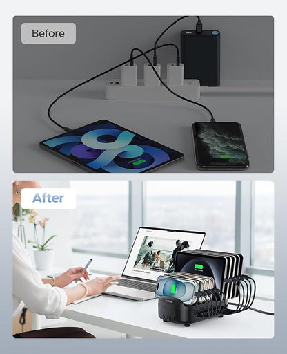 ORICO 120W Charging Station for Multiple Devices, 10-Ports USB Charging Docking Organizer Station, Multi USB Charging Station Compatible with iPad, Tablet, Kindle, Airpods and Cell Phone