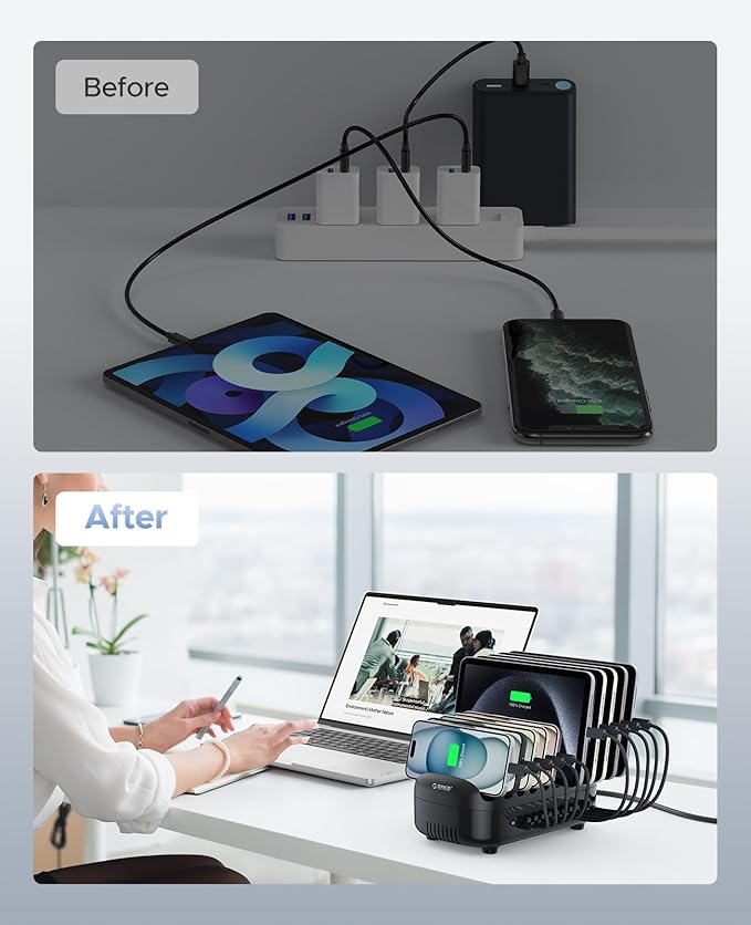 ORICO 120W Charging Station for Multiple Devices, 10-Ports USB Charging Docking Organizer with Cables, Multi USB Charging Station Compatible with iPad, Tablet, Kindle, Airpods and Cell Phone