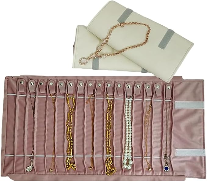 Portable Jewelry Roll Untangled Secure Necklace Travel Storage Bag Displays Holder 16 Chain (gray PU and pink)