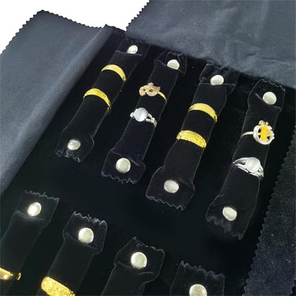 Velvet Travel Jewelry Case Roll Bag Organizer for Necklace Bracelet Earrings Ring (Black) (Black(4+2+2+6))