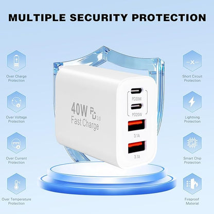 iPhone 17 16 Charger,40W Multiport USB C Charger Fast Charging Block,2Pack 4-Port Type C Phone Chargers 10FT Long Type C Charging Cable for iPhone 17 Pro/17 ProMax/17 Air/16 ProMax/16e/15 Pro/15 Plus