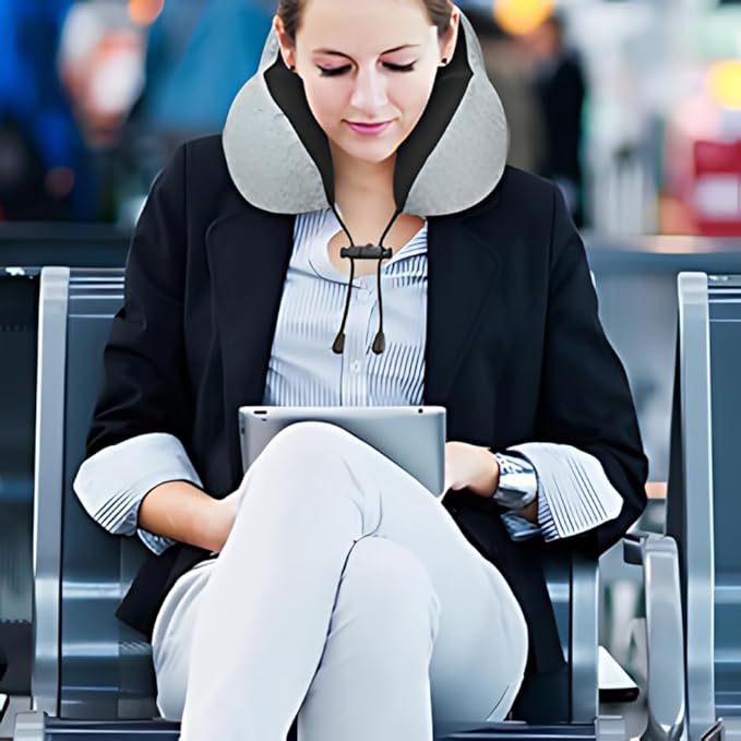 Travel Neck Pillow for Airplane – 100% Pure Memory Foam Neck Support Pillow with Breathable & Washable Cover, Fleight Kit with 3D Contoured Eye Mask, Earplugs & Carry Bag for Comfortable Sleep