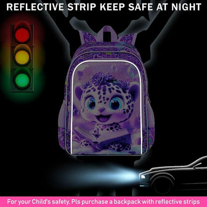 WZLVO 3PCS Kids Leopard Bookbag for Girls, 16" Glittery UV Printing Girls Backpack/School Bag with Lunch Box & Pencil Bag for Preschool to Elementary - Reading Leopard Purple