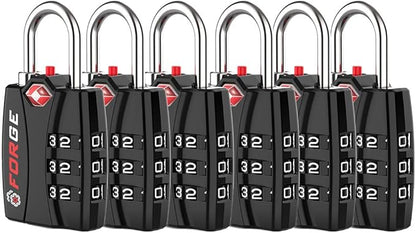 Forge Luggage Locks TSA Approved 6 Pack Black, Small Combination Lock with Zinc Alloy Body, Open Alert, Easy Read Dials, for Travel Suitcase, Bag, Backpack, Lockers.