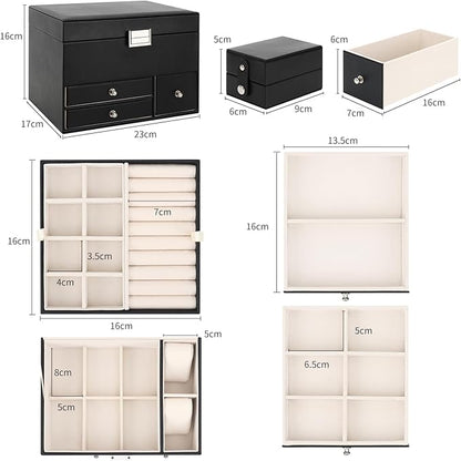 DesignSter Jewelry Organizer Box, Large Capacity 3 Layers, Travel Jewelry Case, Mirror, for Necklaces Earrings Rings Bracelets Watches (Black)