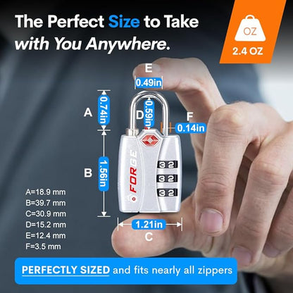 Forge TSA Luggage Combination Lock - Open Alert Indicator, Easy Read Dials, Alloy Body- Ideal for Travel, Lockers, Bags (Silver)