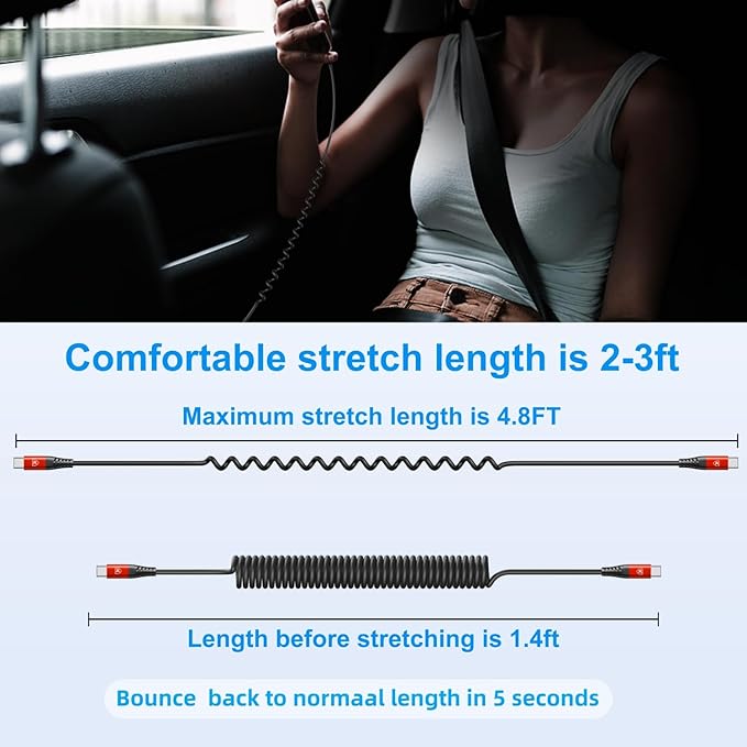 KIYODA Coiled USB C Cable for Car 3FT & 6FT, USB C to USB C Fast Charging Cable USB Type C Cord Compatible with iPhone 17/16/15/Plus/Pro/Pro Max/MacBook Pro 2020/iPad Pro 2020/Samsung Galaxy S23-Red