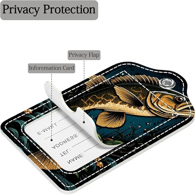 Funny PU Leather Luggage Tags 2-Pack Dark Largemouth Fish Cute Pattern Suitable for Suitcase Stainless Steel Loop and Address Card Essential for Cruise and Airport Travel for Men and Women