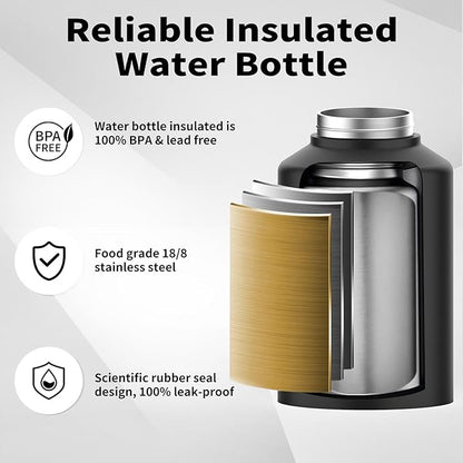 WATERSY Half Gallon Water Bottle Insulated(Cold for 48 Hrs),BPA Free&Leak Proof,64oz Stainless Steel Water Jug/Flask,Big thermo,Large Water Bottle with Handle for Gym,Hiking,Camping,Black