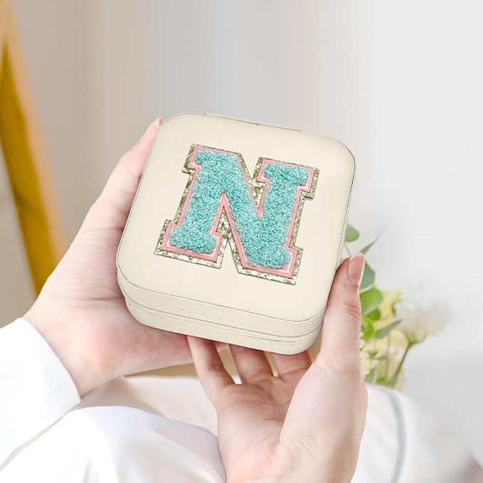 SANDJEST Personalized Jewelry Box, White Travel Jewelry Box with Initial N, Small Monogrammed Jewelry Case Organizer for Girls Women Teen Kids, Mini Travel Essentials Gifts for Birthday Christmas