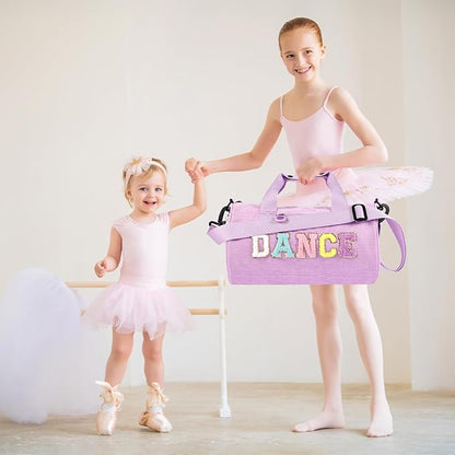 Dance Ballet Bag for Girls Sport Gym Duffle Bags Overnight Travel Bags Fun Dance Corduroy Chenille Letter Bag for Dancers (Purple)
