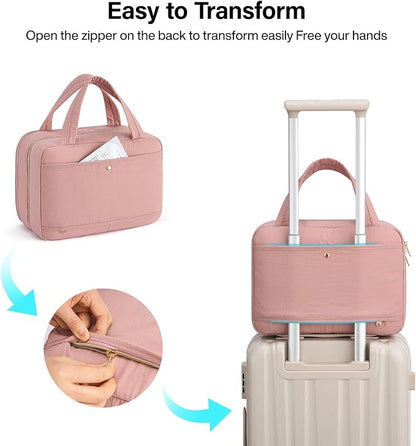 Hanke Hanging Travel Toiletry Bag for Women with Jewelry Organizer Compartment, Travel Essentials Toiletries and Makeup Bag, Water-Resistant & Stain-Resistant with Trolley Strap (Pink)