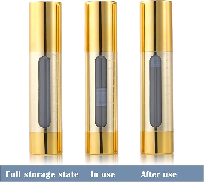 Gold, empty cosmetic pump bottle with travel bag, refillable, vacuum pump bottle for lotion, toner, foundation make-up, hair oil, hand sanitizer and other liquids, 7 pieces (1.7 oz/50ml)