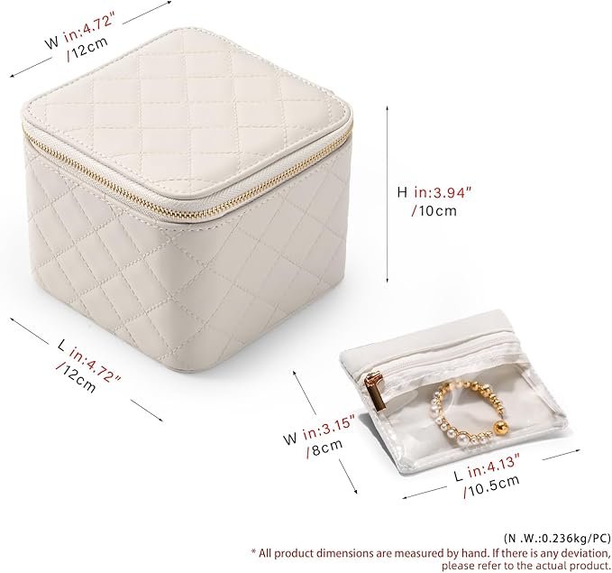 Travel Jewelry Box Organizer - Small Jewelry Case with 6 Small Velvet Zipped Pouches Pockets for Jewelry Necklaces Rings Earrings Storage(White)