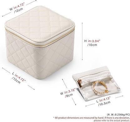 Travel Jewelry Box Organizer - Small Jewelry Case with 6 Small Velvet Zipped Pouches Pockets for Jewelry Necklaces Rings Earrings Storage(White)