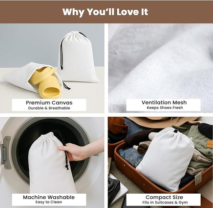 LFH Cotton Rich Shoe Storage Bags with Drawstring, Dustproof Breathable Reusable Organizer, Perfect For Travel, Dorm, Hotel, College, Gym, Easy to Carry, Machine Washable 8"x17" (Pack of 6) - White