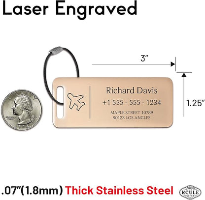 Personalized Luggage Tags for Suitcases 4 Pack - Stainless Steel Custom Luggage Tags for Backpacks & Bags, Sturdy, Waterproof & Heavy Duty (Rose Gold / 3" x 1.25")