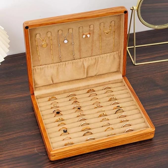 Bescott Solid Wood Rings Cufflink Earrings Necklace Jewelry Box For Drawer Organizer Storage For Multiple Rings Wooden Case Holders For Women Men Gift