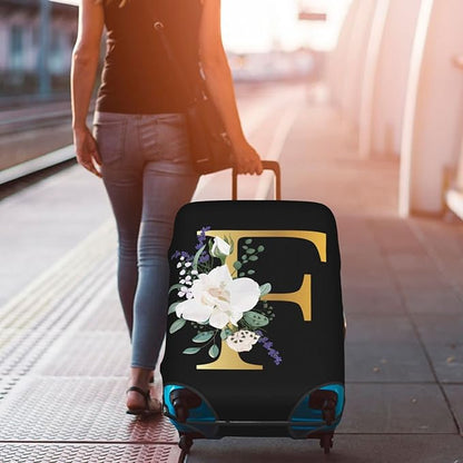 Flower Letter F Black Luggage Cover Elastic Washable Stretch Suitcase Protector Anti-Scratch Travel Suitcase Cover for Kid and Adult M (22-24 inch suitcase)