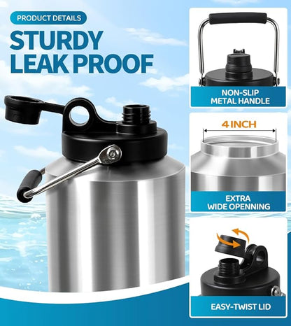 Insulated Water Bottle, 1 Gallon Jug with Handle, 128 oz Stainless Steel Large Water Bottle Wide Mouth Double Vacuum for Hot & Cold Drinks, Stainless Steel