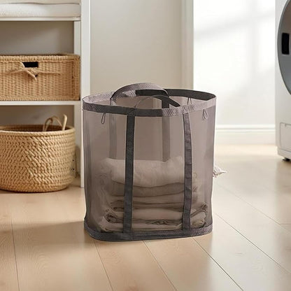 Mesh Bag with Handles, Collapsible Laundry Basket, Foldable Laundry Bag, Breathable Folding Beach Bag,Space-saving Travel Tote Bags (2, Brown)