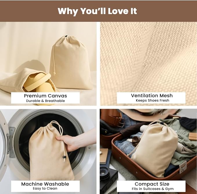 LFH Cotton Shoe Storage Bags with Drawstring, Dustproof Breathable Reusable Organizer, Perfect For Travel, Dorm, Hotel, College, Gym, Easy to Carry, Machine Washable 12"x17" (Pack of 4) - Natural