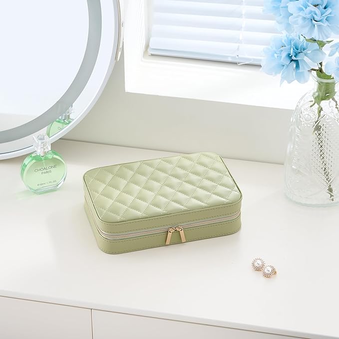 Lolalet Travel Jewelry Case for Women Girls, Travel Jewelry Organizer Box with Mirror & Clear Storage Bag, Small Portable Earring Necklace Bracelet Ring Case, Birthday Christmas Gifts -Medium, Green