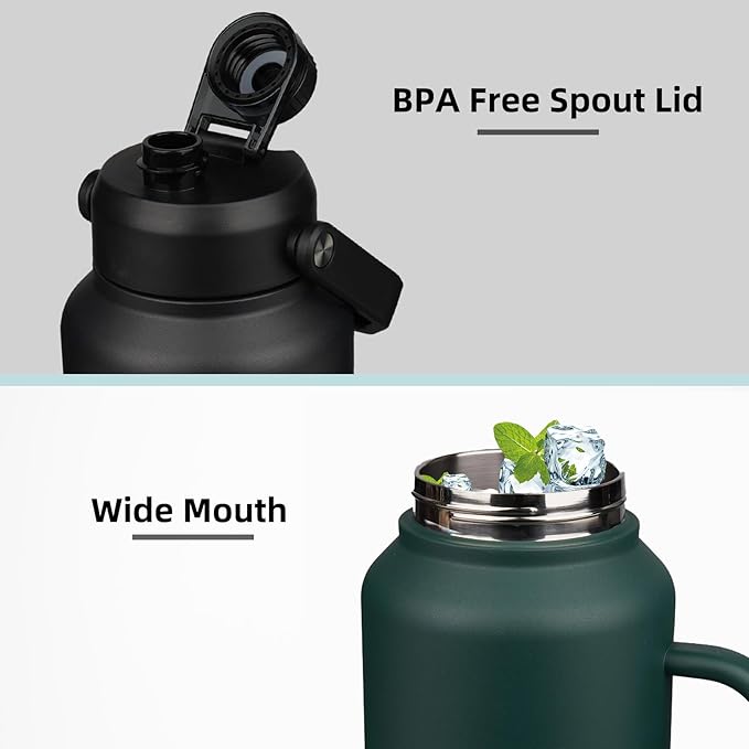 BJPKPK 1 Gallon Water Bottle with Handle, Large Dishwasher Safe 128oz Insulated Water Bottle, BPA Free Water Jug, Wide Mouth Metal Flasks with Anti-slip Bottom, Keep Cold & Hot,Sky