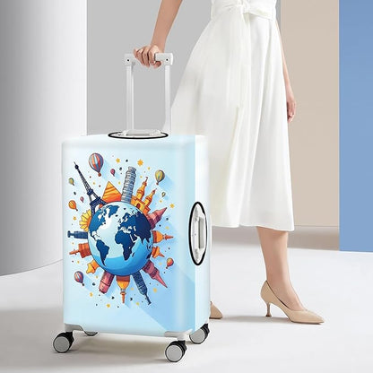 Luggage Cover - World Travel Themed Suitcase Protector with Iconic Landmarks and Hot Air Balloons - Durable, Elastic, and Stylish Design for Travel Bags,M