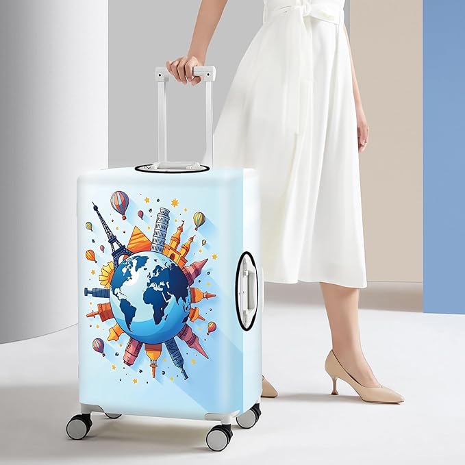 Luggage Cover - World Travel Themed Suitcase Protector with Iconic Landmarks and Hot Air Balloons Tsa Approved- Durable, Elastic, and Stylish Design for Travel Bags,L
