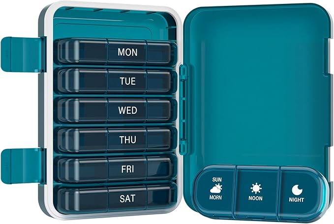 Vikie Weekly Pill Organizer 3 Times a Day, Morn NOON Night, BPA-Free, Portable & Moisture-Proof for Pills, Vitamins, Supplements (3x7 Blue)
