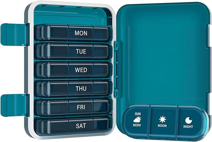 Vikie Weekly Pill Organizer 3 Times a Day, Morn NOON Night, BPA-Free, Portable & Moisture-Proof for Pills, Vitamins, Supplements (3x7 Blue)