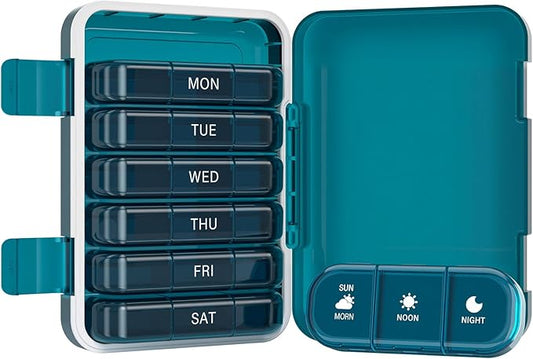 Vikie Weekly Pill Organizer 3 Times a Day, Morn NOON Night, BPA-Free, Portable & Moisture-Proof for Pills, Vitamins, Supplements (3x7 Blue)