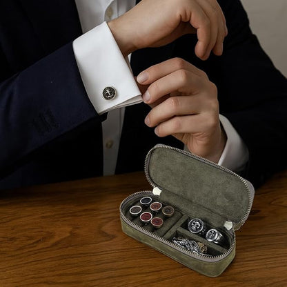 CONTACTS Crazy Horse Leather Cufflink Box for Men Travel Jewelry Storage Case Small Jewelry Organizer Padded Tray for Cufflinks Rings Earrings Studs (Green)