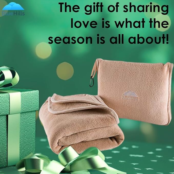 BlueHills Premium Soft Tall Travel Blanket Pillow for Airplane Traveling Essentials Long Flight Trip Throw in Bag case with Backpack Clip Compact Large Plane Accessories Beige T053