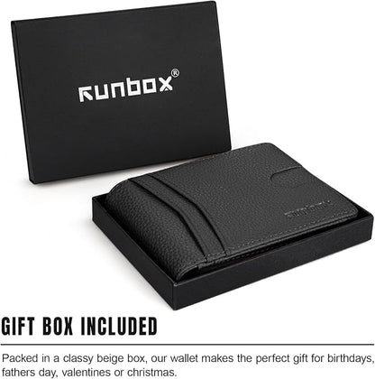 RUNBOX Wallet for Men Slim Rfid Leather 2 ID Window With Gift Box