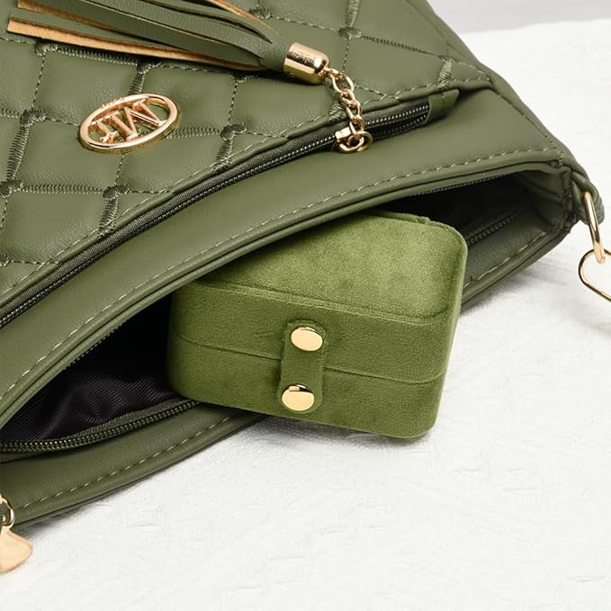 TAIMY Travel Jewelry Case, Portable Pocket Size Small Plush Velvet Ring Box for Women, Mini Ring Holder and Organizer with 7 slots for purse(Avocado Green)