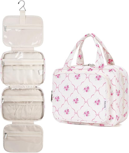Narwey Hanging Toiletry Bag for Women Travel Makeup Bag Organizer Toiletries Bag for Travel Size Essentials Accessories Cosmetics (Bowknot and Flower (Medium))