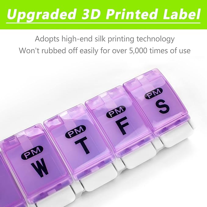 Extra Large Weekly Pill Organizer 2 Times a Day - Remtise Am/Pm Daily Pill Case Medicine Organizer, Push Button 7 Day Pill Box for Pills/Vitamin/Cod Liver Oil/Supplements (Purple & Green)