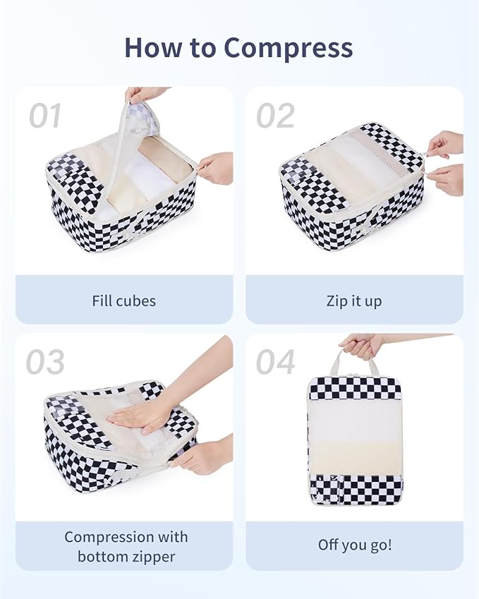 Narwey 5 Set Compression Packing Cubes for Travel, Luggage Packing Organizer Bags for Carry on Suitcase, Expandable Checkered Storage Bags with Laundry & Handle (Black Checkerboard)