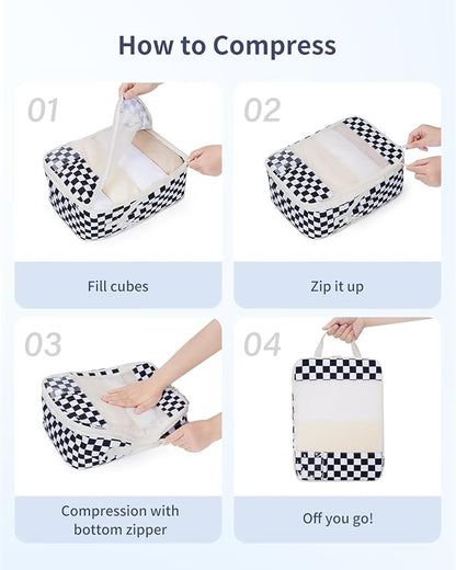 Narwey 5 Set Compression Packing Cubes for Travel, Luggage Packing Organizer Bags for Carry on Suitcase, Expandable Checkered Storage Bags with Laundry & Handle (Black Checkerboard)