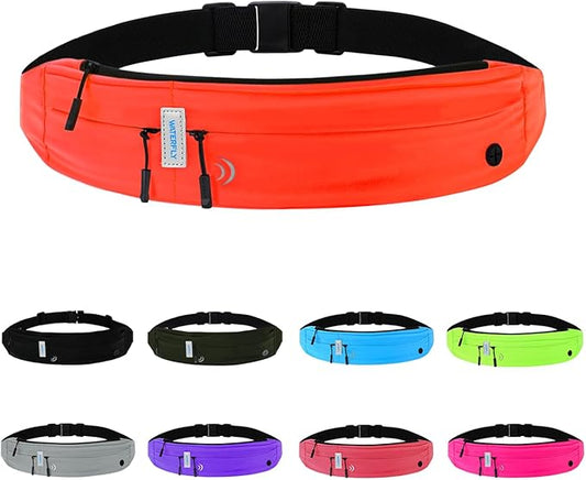 WATERFLY Running Belt Fanny Pack: Runner Marathon Jogging Waist Pack Sport Workout Exercise Fitness Phone Holder Belt for Men Women Jogger Slim Waistband Black