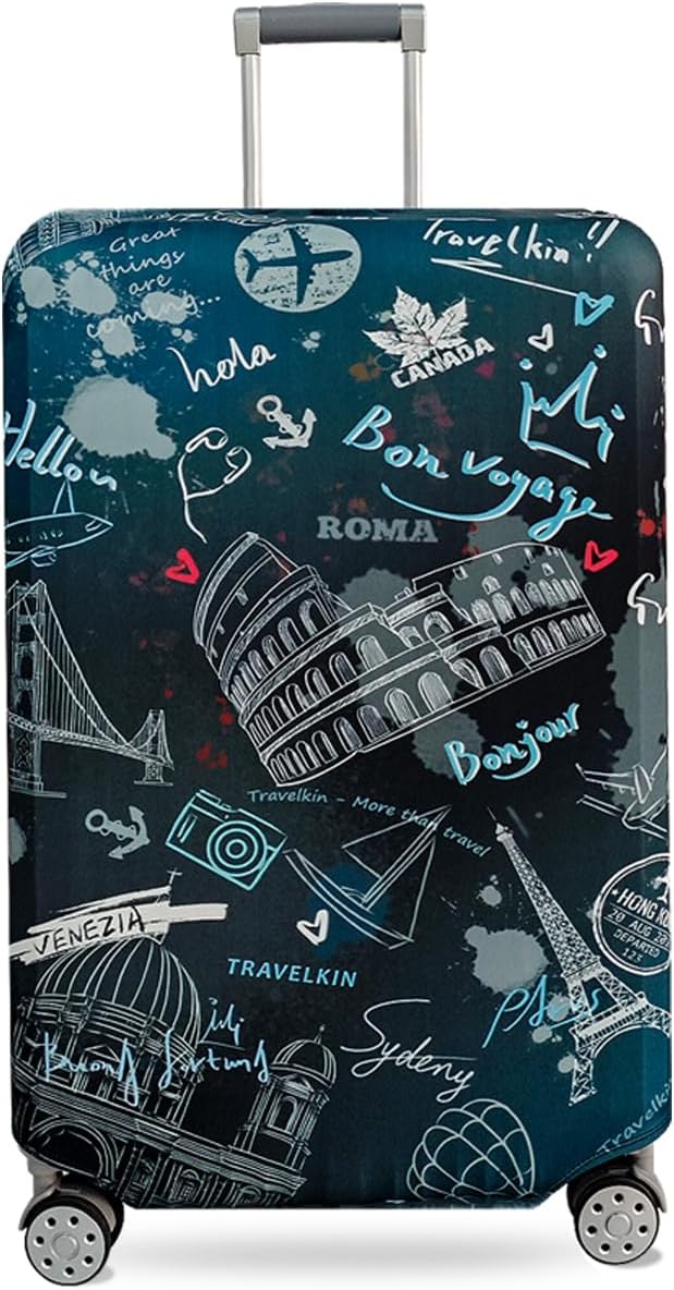 fancyfree Luggage Cover Washable Suitcase Protector Anti-scratch Suitcase cover (Travel Graffiti, L(25"-28" luggage))