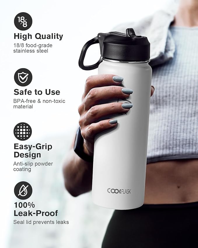 Coolflask Water Bottle 24 oz Insulated with Straw, Stainless Steel Metal 3 Lids Water Flask Wide Mouth for Sports or Office, Non-BPA Keep Cold Up to 48 Hrs or Hot Up to 24 Hrs, White