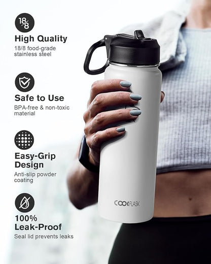 Coolflask Water Bottle 24 oz Insulated with Straw, Stainless Steel Metal 3 Lids Water Flask Wide Mouth for Sports or Office, Non-BPA Keep Cold Up to 48 Hrs or Hot Up to 24 Hrs, White