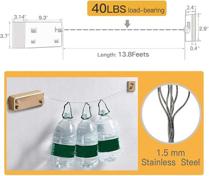 BESy Retractable Clothesline ABS case+Aluminum Dryer with Adjustable Stainless Steel Double Rope String Hotel Style Heavy Duty,Wall Mounted Method, 13.8 Feets,Gold