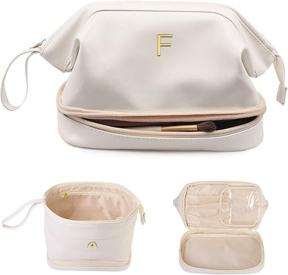 Wedding Gifts, Initial Makeup Bag, Daughter Gifts, Personalized Double Layer Cosmetic Bag with Makeup Brush Organizer, Large Capacity PU Leather Travel Toiletry Bag Cute Things for Girls