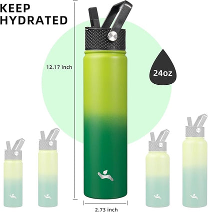 Insulated Water Bottle 24oz Stainless Steel Sport Bottles with 3 Lids,Bamboo Grove