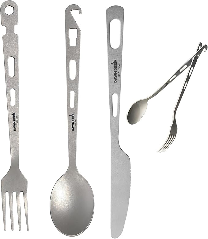 Titanium Fork Spoon Knife Set - Camping Tongs | Ultralight Backpacking Utensils, Travel Cutlery Set, Heat-Resistant & Rustproof, Hiking Survival Gear (Knife+ Fork+ Spoon)