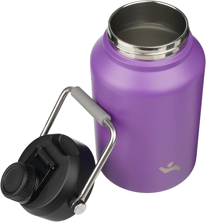 1 Gallon Jug with Handle,128 oz Insulated Water Bottle with Carrying Pouch, Double Wall Vacuum Stainless Steel Metal Bottle,Purple